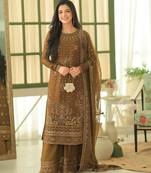 Mustard olive georgette sequin embroidered palazzo suit set