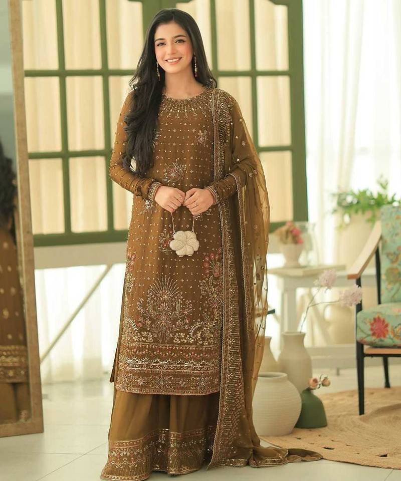 Mustard olive georgette sequin embroidered palazzo suit set