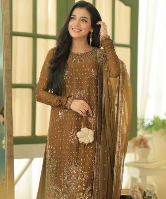 Mustard olive georgette sequin embroidered palazzo suit set 2