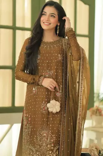Mustard olive georgette sequin embroidered palazzo suit set