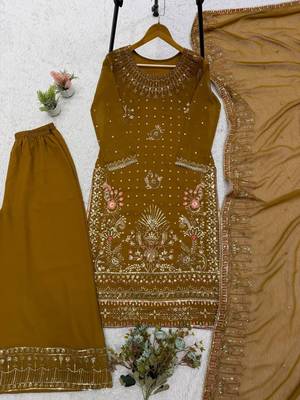 Mustard olive georgette sequin embroidered palazzo suit set 3