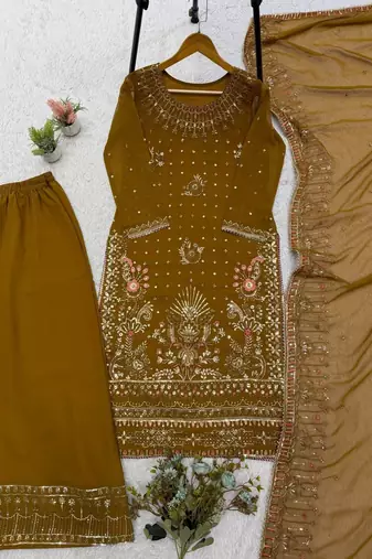 Mustard olive georgette sequin embroidered palazzo suit set
