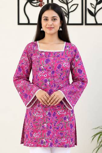 Women's Pink Cotton Floral Printed Kurti with Square Neck and Bell Sleeves