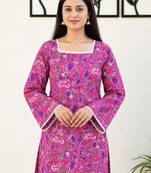 Women's Pink Cotton Floral Printed Kurti with Square Neck and Bell Sleeves