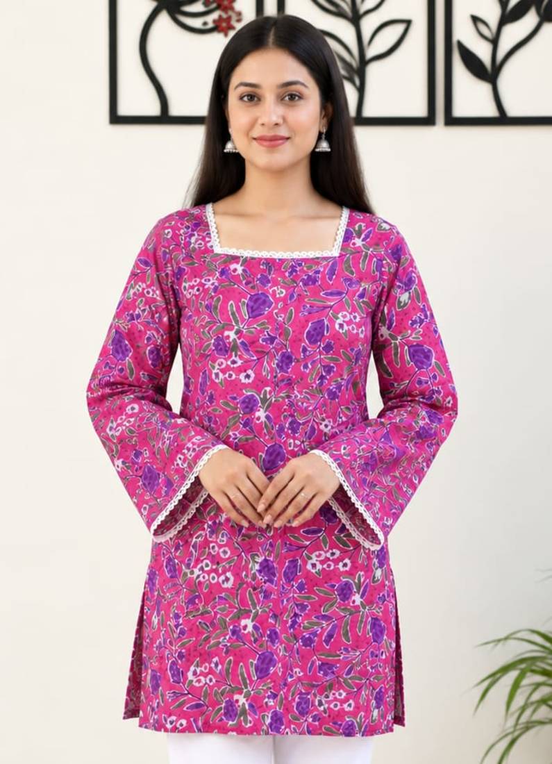 Women's Pink Cotton Floral Printed Kurti with Square Neck and Bell Sleeves
