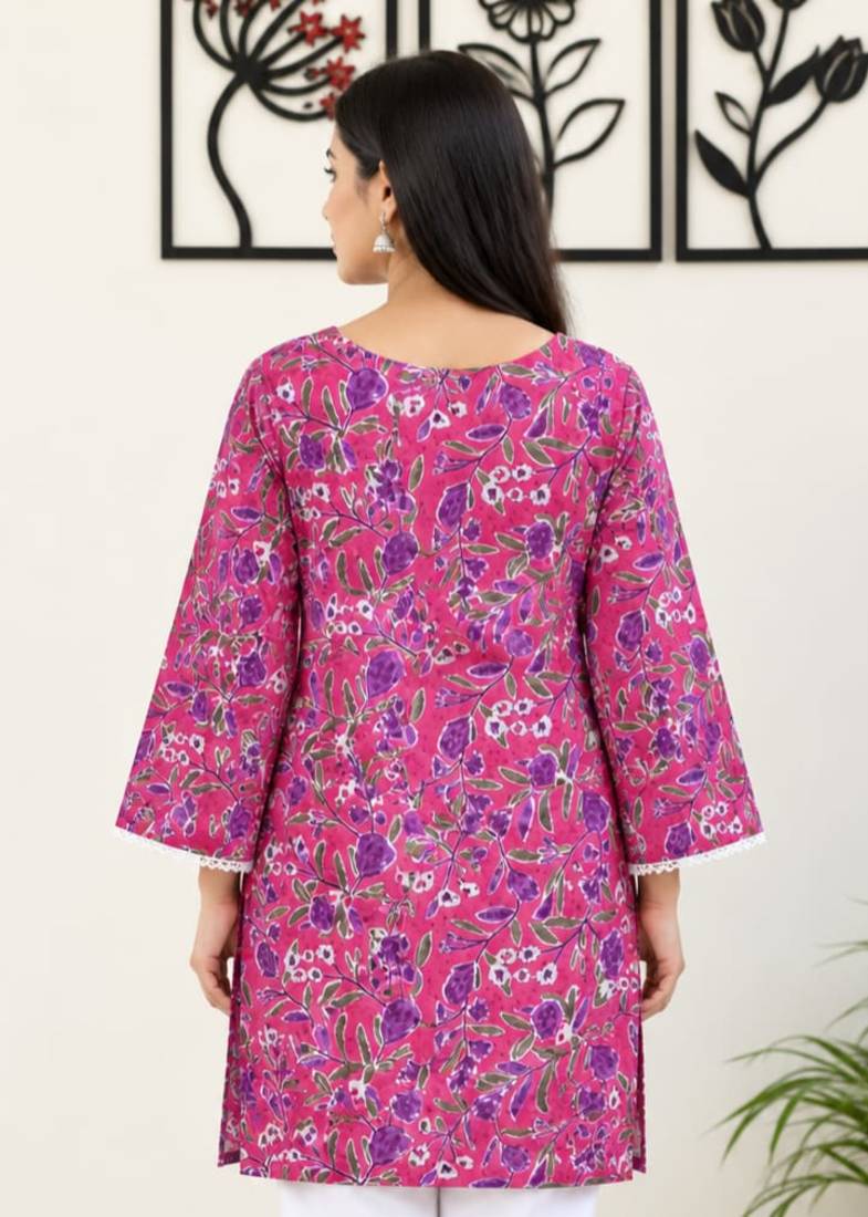 Women's Pink Cotton Floral Printed Kurti with Square Neck and Bell Sleeves