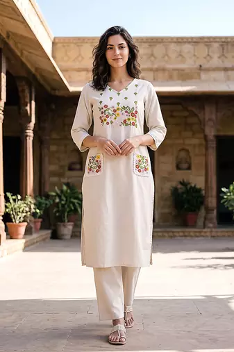 Women’s Khadi Cotton Thred Embroidered Straight Kurta Pant Set