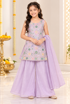 Lilac floral embroidered georgette kurti palazzo suit set for girls 1