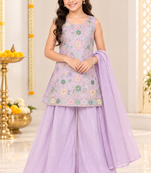 Lilac floral embroidered georgette kurti palazzo suit set for girls