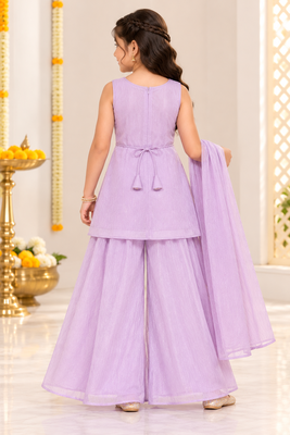 Lilac floral embroidered georgette kurti palazzo suit set for girls 2