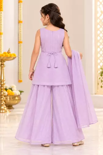 Lilac floral embroidered georgette kurti palazzo suit set for girls
