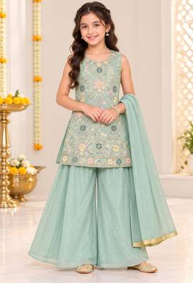 Mint green floral embroidered georgette kurti palazzo suit set for girls 1