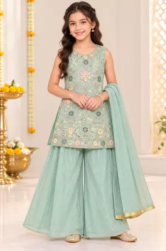 Mint green floral embroidered georgette kurti palazzo suit set for girls