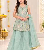 Mint green floral embroidered georgette kurti palazzo suit set for girls
