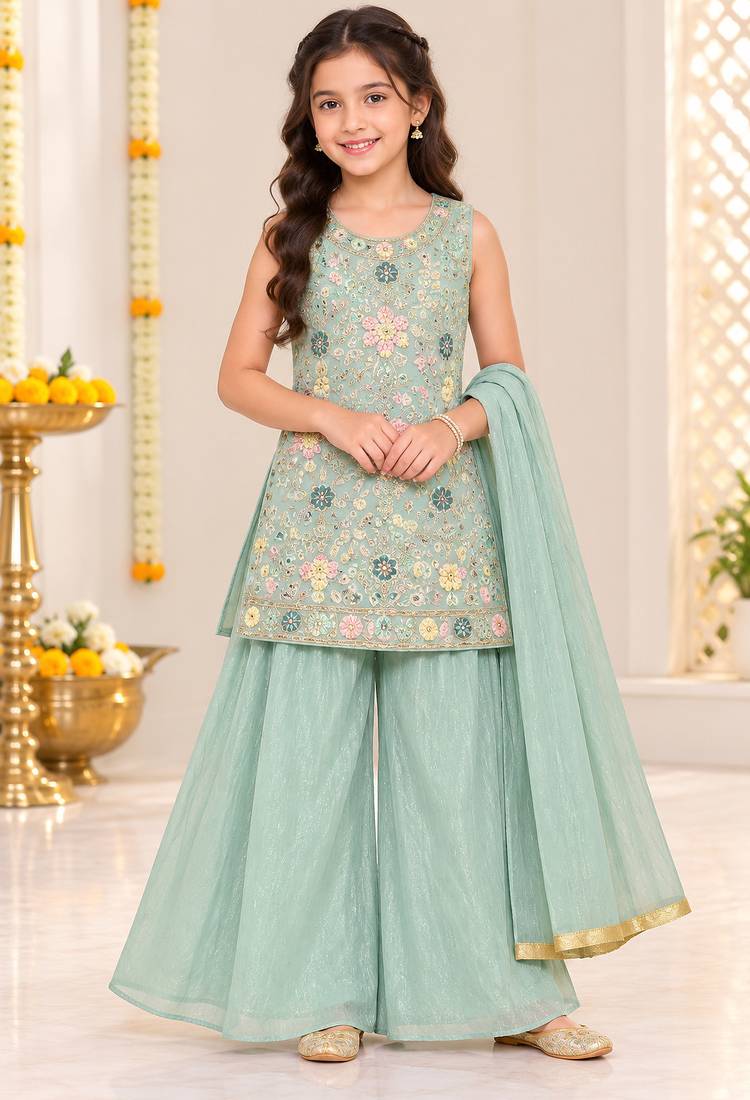 Mint green floral embroidered georgette kurti palazzo suit set for girls
