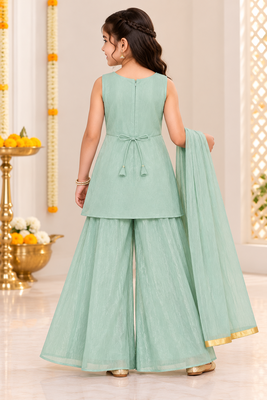 Mint green floral embroidered georgette kurti palazzo suit set for girls 2