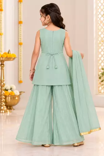 Mint green floral embroidered georgette kurti palazzo suit set for girls