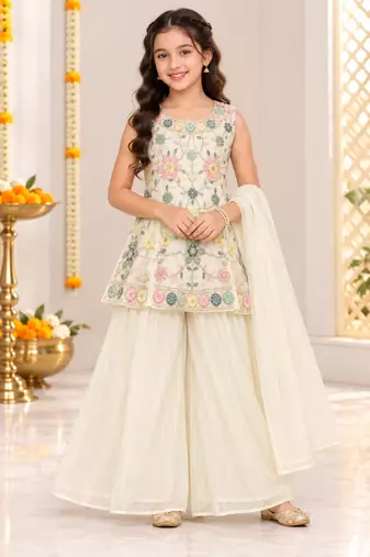 White floral embroidered georgette kurti palazzo suit set for girls