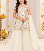 White floral embroidered georgette kurti palazzo suit set for girls