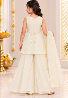 White floral embroidered georgette kurti palazzo suit set for girls 2