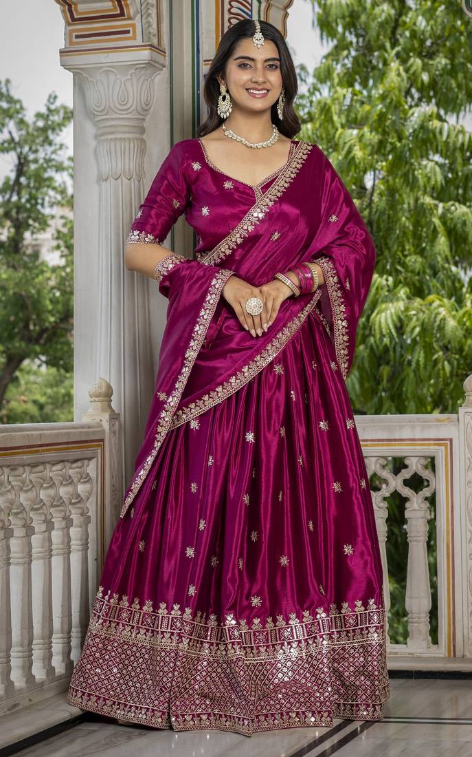 Mesmerizing Pink Chinon Silk Sequins Embroidered Indian Latest Designer lehenga choli