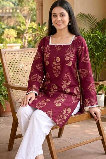 Wine Cotton Printed Kurti for Women with Bell Sleeves – Ethnic Wear