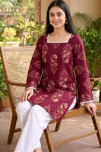 Wine Cotton Printed Kurti for Women with Bell Sleeves – Ethnic Wear