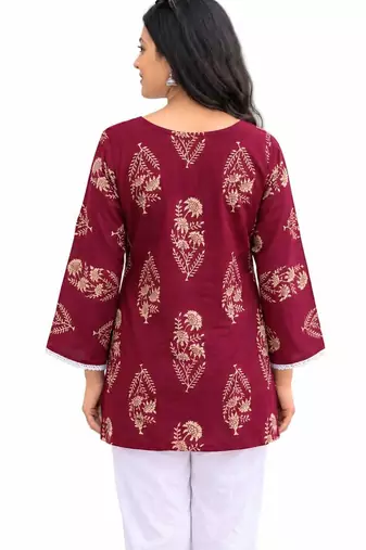 Wine Cotton Printed Kurti for Women with Bell Sleeves – Ethnic Wear