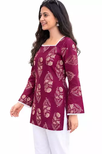Wine Cotton Printed Kurti for Women with Bell Sleeves – Ethnic Wear
