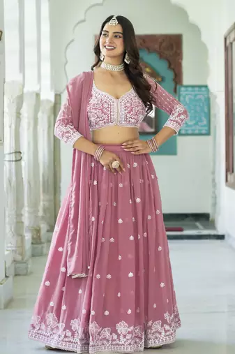 Bewitching Light Pink Faux Georgette Sequins, Thread Embroidered Work With Moti Lace Indian Latest Design lehenga choli