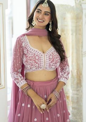 Bewitching Light Pink Faux Georgette Sequins, Thread Embroidered Work With Moti Lace Indian Latest Design lehenga choli 3