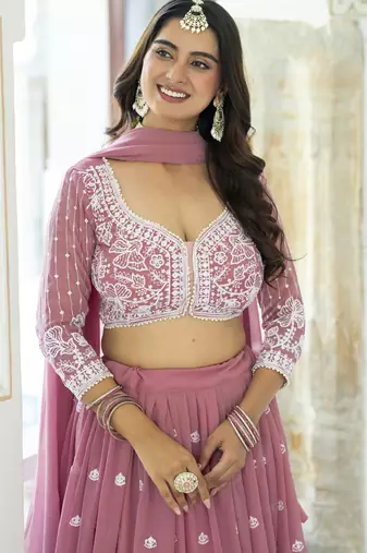 Bewitching Light Pink Faux Georgette Sequins, Thread Embroidered Work With Moti Lace Indian Latest Design lehenga choli