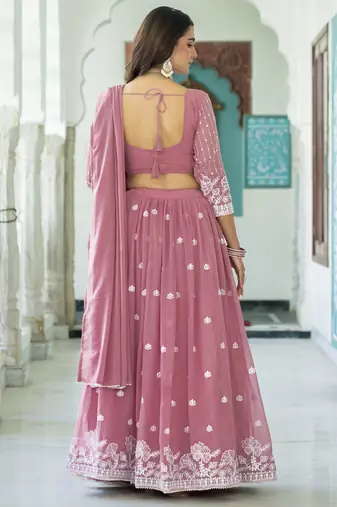 Bewitching Light Pink Faux Georgette Sequins, Thread Embroidered Work With Moti Lace Indian Latest Design lehenga choli