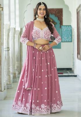 Bewitching Light Pink Faux Georgette Sequins, Thread Embroidered Work With Moti Lace Indian Latest Design lehenga choli 5