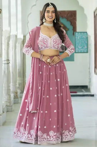 Bewitching Light Pink Faux Georgette Sequins, Thread Embroidered Work With Moti Lace Indian Latest Design lehenga choli