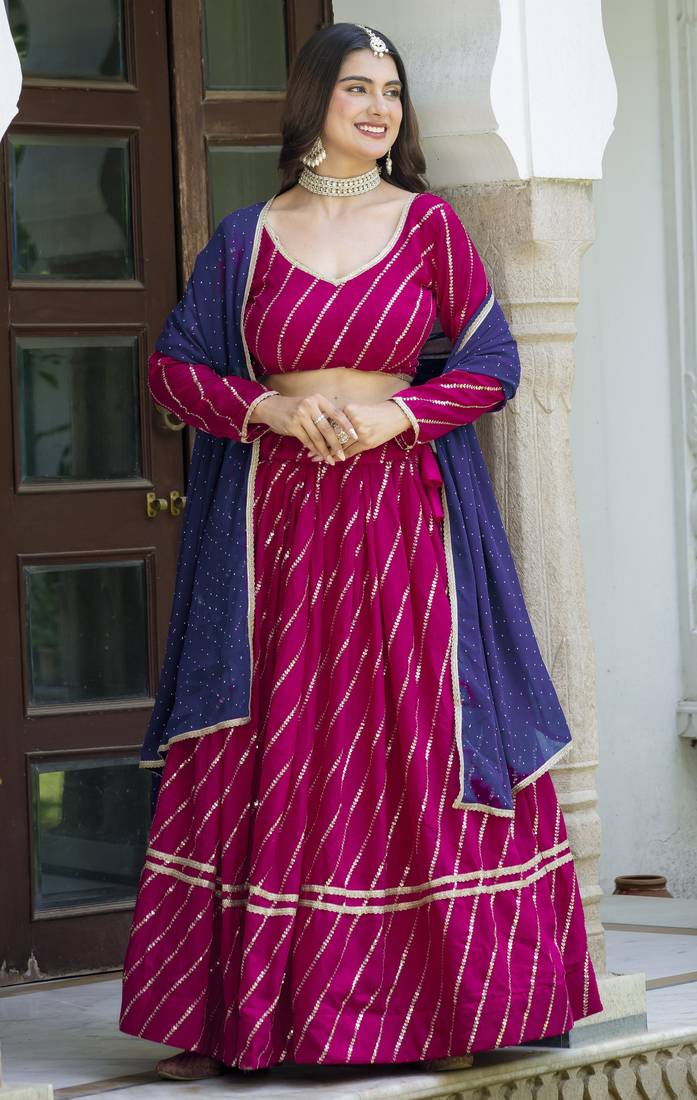 Graceful Pink Faux Georgette Embroidery Sequins, Thread Work With Lace Indian Latest Design lehenga choli
