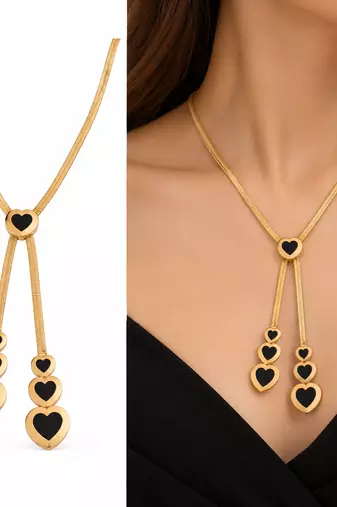 Anti-Tarnish Golden Heart Cascade Neck Chain with Elegant Black Heart Charms