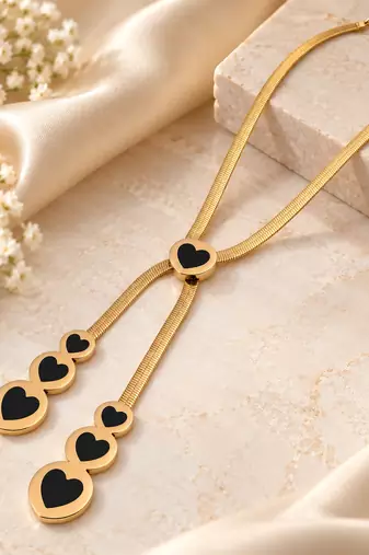 Anti-Tarnish Golden Heart Cascade Neck Chain with Elegant Black Heart Charms