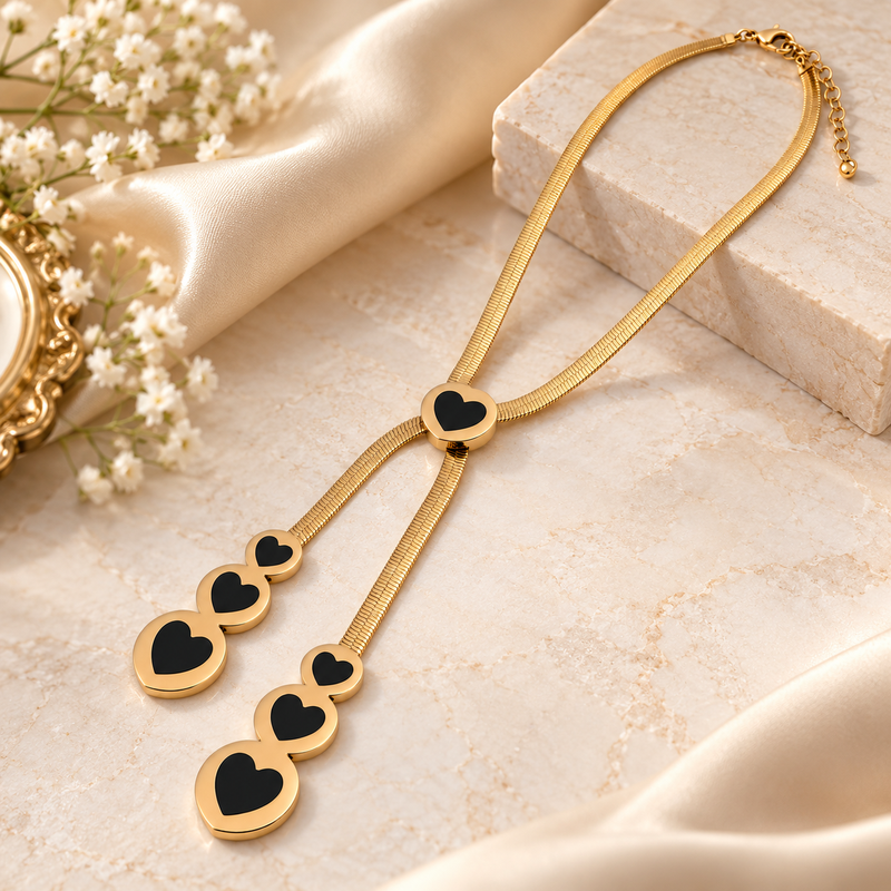 Anti-Tarnish Golden Heart Cascade Neck Chain with Elegant Black Heart Charms