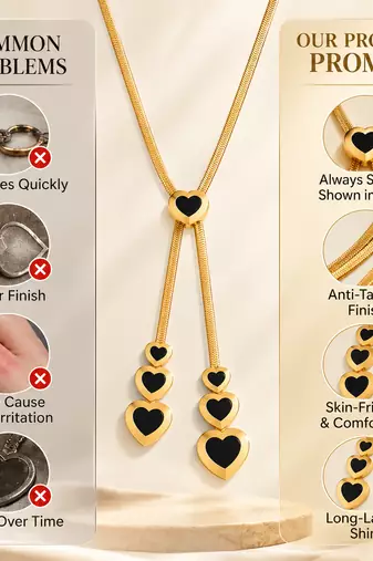 Anti-Tarnish Golden Heart Cascade Neck Chain with Elegant Black Heart Charms