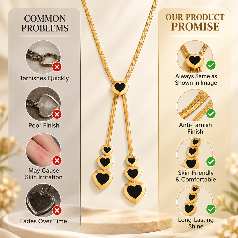 Anti-Tarnish Golden Heart Cascade Neck Chain with Elegant Black Heart Charms