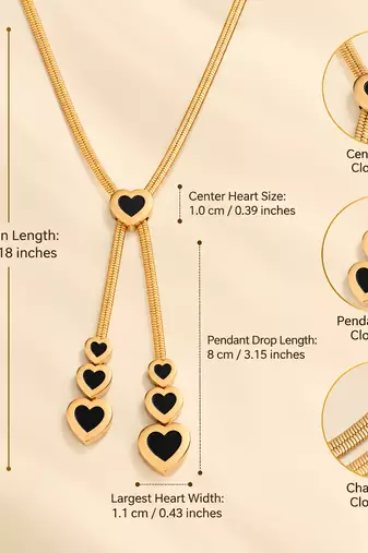 Anti-Tarnish Golden Heart Cascade Neck Chain with Elegant Black Heart Charms