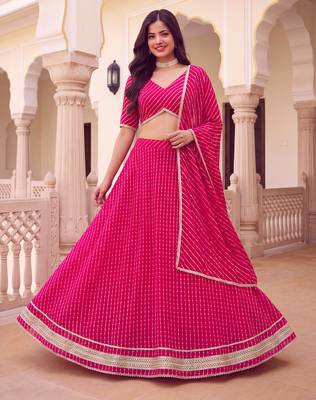 Appealing Pink Soft Georgette Zari and Cording Lacework with Leheriya Print Indian Latest Designer lehenga choli 1
