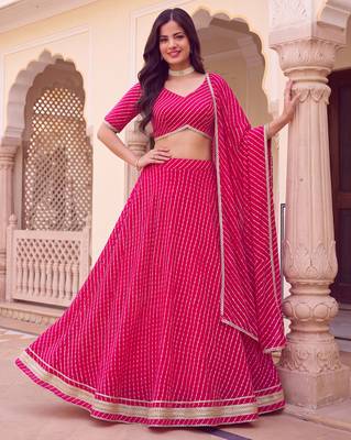 Appealing Pink Soft Georgette Zari and Cording Lacework with Leheriya Print Indian Latest Designer lehenga choli 3