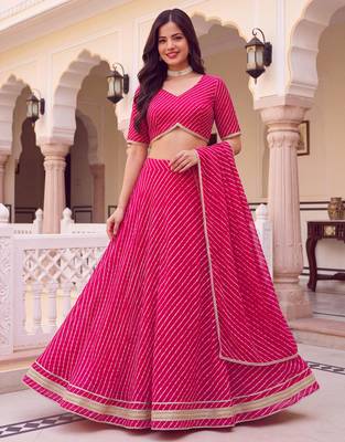 Appealing Pink Soft Georgette Zari and Cording Lacework with Leheriya Print Indian Latest Designer lehenga choli 4