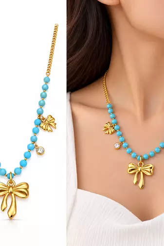 Anti-Tarnish Golden Butterfly Charm Neck Chain with Sky Blue Beads and Elegant Crystal Accents