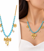 Anti-Tarnish Golden Butterfly Charm Neck Chain with Sky Blue Beads and Elegant Crystal Accents