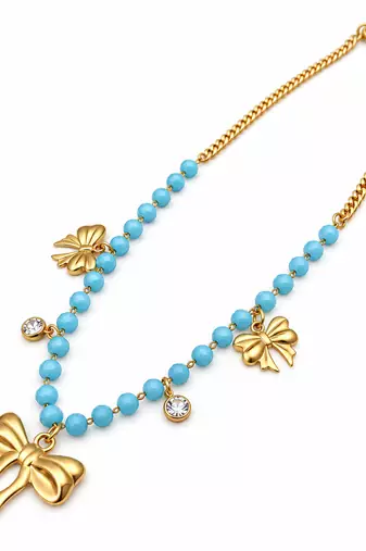 Anti-Tarnish Golden Butterfly Charm Neck Chain with Sky Blue Beads and Elegant Crystal Accents