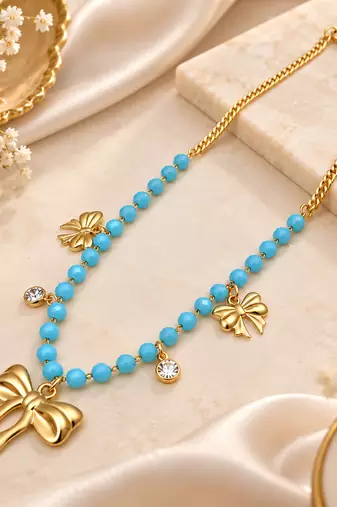 Anti-Tarnish Golden Butterfly Charm Neck Chain with Sky Blue Beads and Elegant Crystal Accents