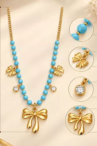 Anti-Tarnish Golden Butterfly Charm Neck Chain with Sky Blue Beads and Elegant Crystal Accents